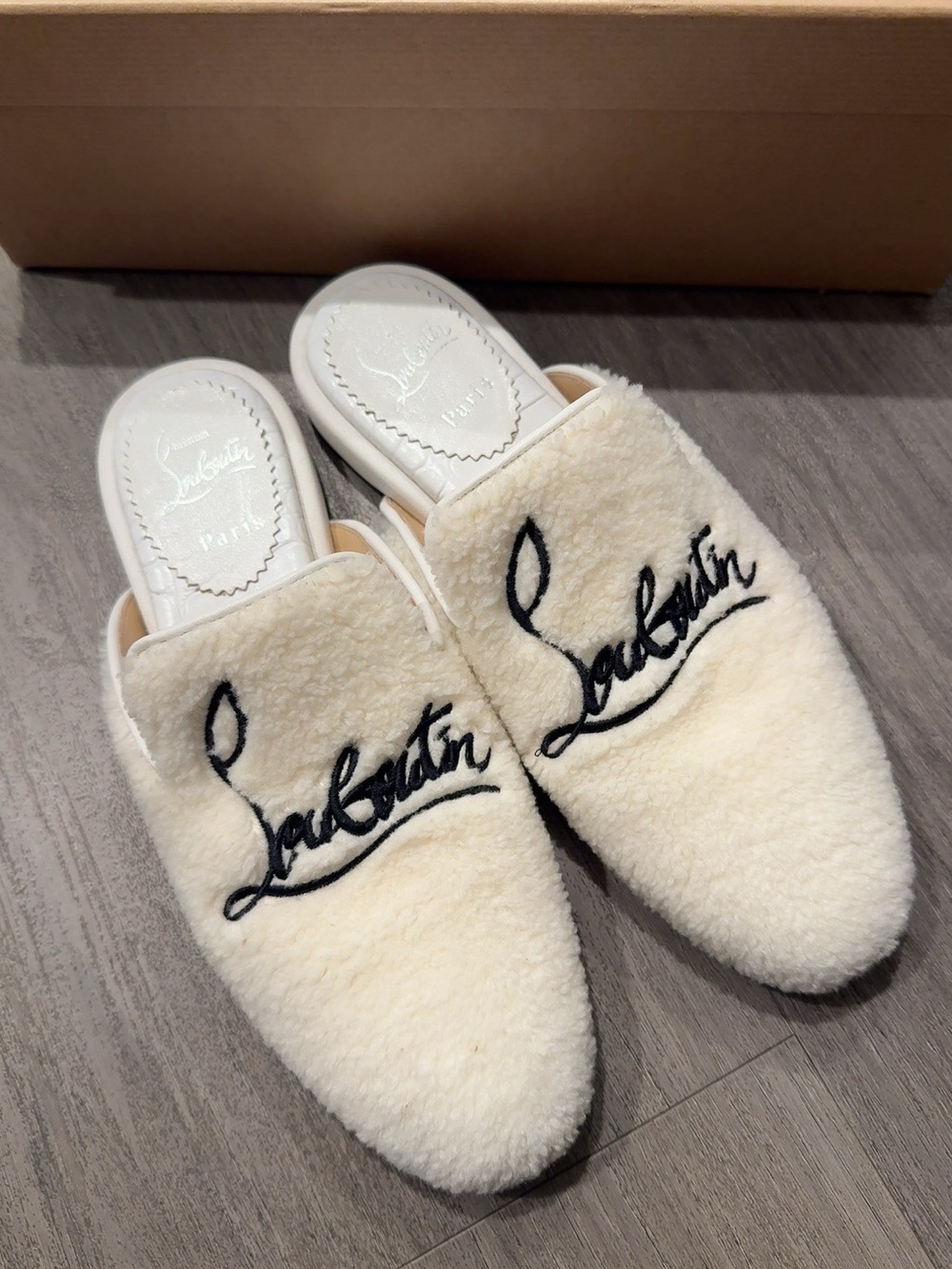 Christian Louboutin Cream Shearling Logo Slip-On Mules